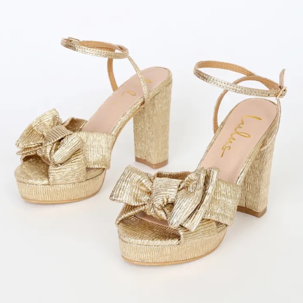 Lulu Lilsa Gold Metallic Bow Platform Ankle Strap Heels